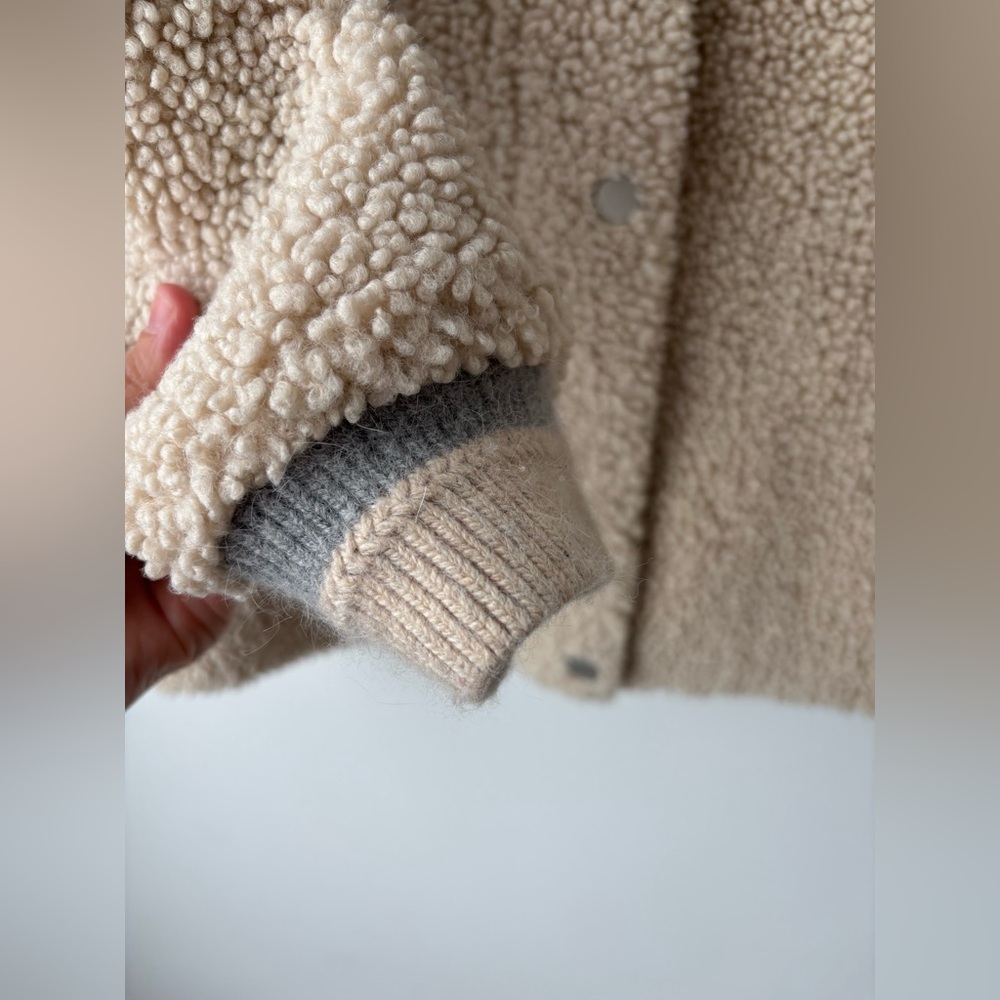 SEIFINI cropped Sherpa Teddy Jacket XS Beige Cozy Hooded Zip Snap Fleece Soft - Picture 4 of 13